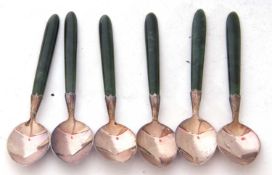 Boxed set of six white metal and green jade handled tea spoons, the spade shaped bowls joined by