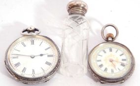Two white metal pocket watches and a small bottle with silver lid, both watches stamped on case back