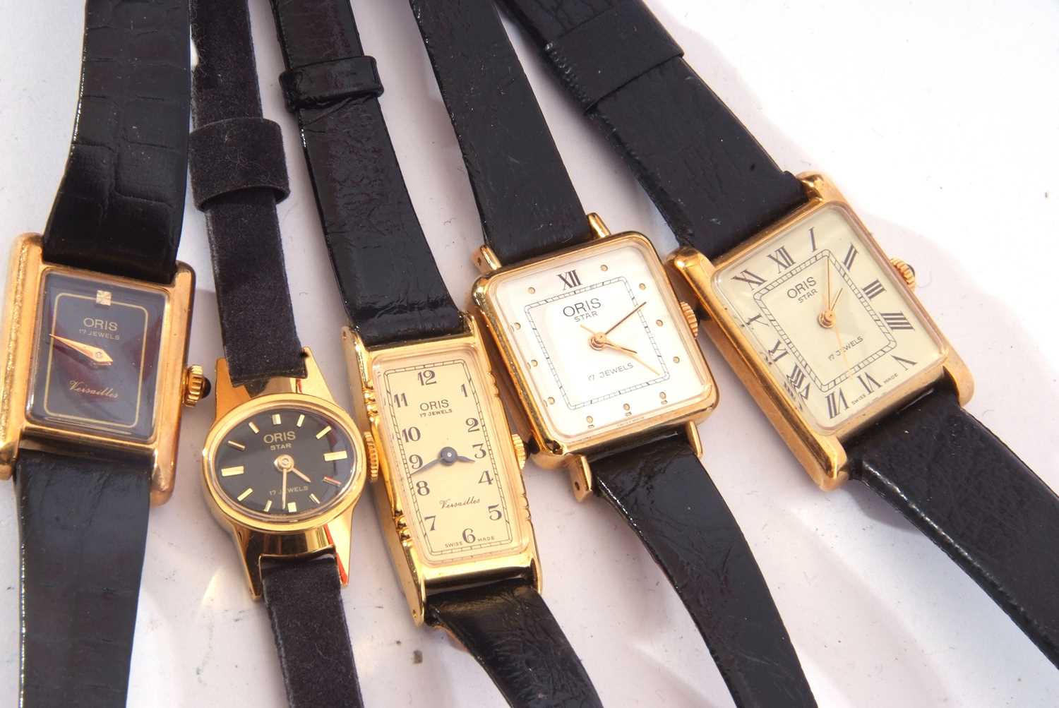 Five ladies Oris wrist watches, all with gold plated and stainless steel cases, all having 17-