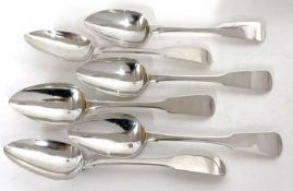Six Irish silver Fiddle pattern and rat-tail table spoons, 5 hallmarked for Dublin 1815, one 1814,