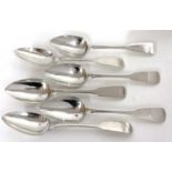 Six Irish silver Fiddle pattern and rat-tail table spoons, 5 hallmarked for Dublin 1815, one 1814,