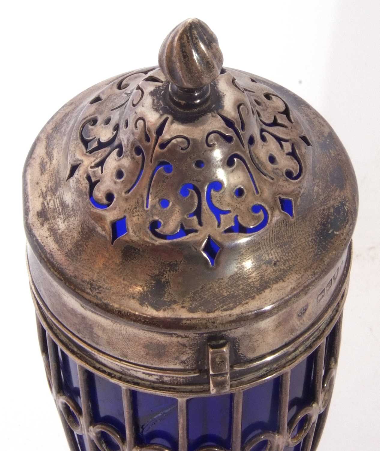 Late Victorian silver and blue glass liner sugar caster of urn shape, with a lancet type pull off - Image 3 of 4