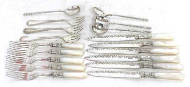 Small box to include six mother of pearl and silver plated knives and five matching forks, three