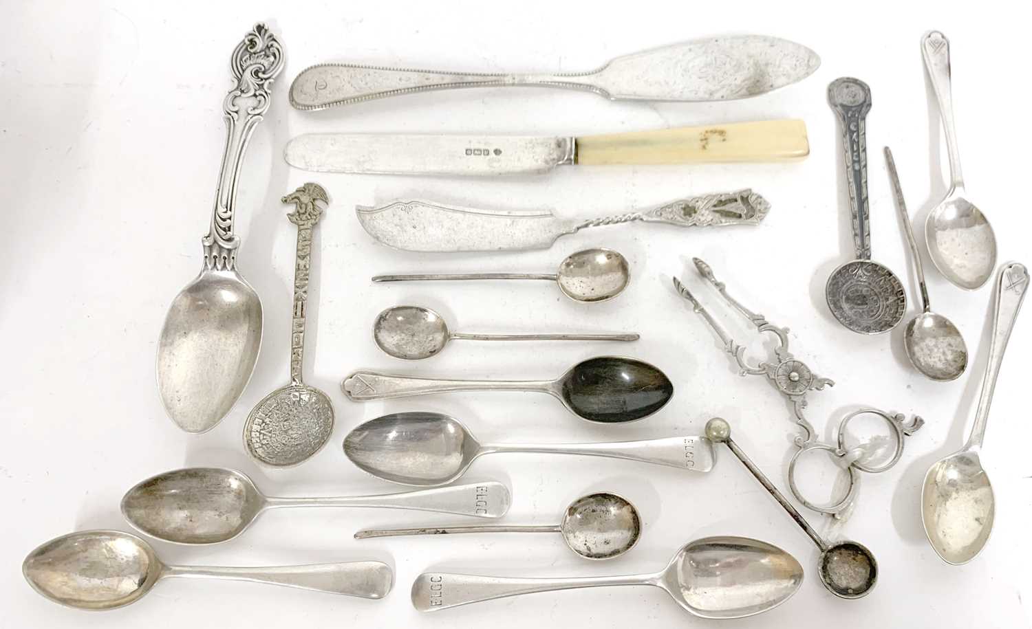 Mixed Lot: Victorian silver butter knife and ornate silver dessert spoon, six silver tea spoons, - Image 2 of 2