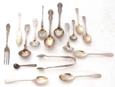 Small quantity of silver spoons to include five tea spoons, four condiment spoons and a pair of