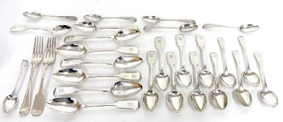 Large mixed lot: matched set of six Fiddle pattern dessert spoons, London 1852/4 by two makers,