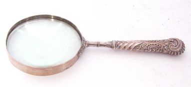 Victorian silver mounted magnifying glass with foliate ribbed decorated handle, Birmingham 1890,