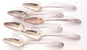 Set of six George III provincial tea spoons in Old English pattern, each bearing the initials '