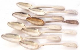 Group of 8 assorted Victorian Fiddle pattern dessert spoons, various dates and makers, 362gms