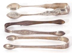 Group of three pairs of silver sugar tongs to include a Peter, Anne & William Bateman example,