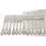 Six Scandinavian white metal table forks and five similar dessert forks, g/w 586gms