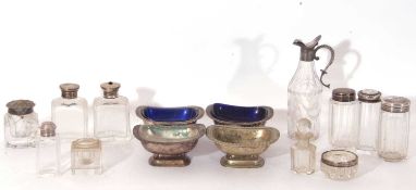 Mixed Lot: Georgian engraved glass cruet jug with silver mounts, three glass dressing table jars