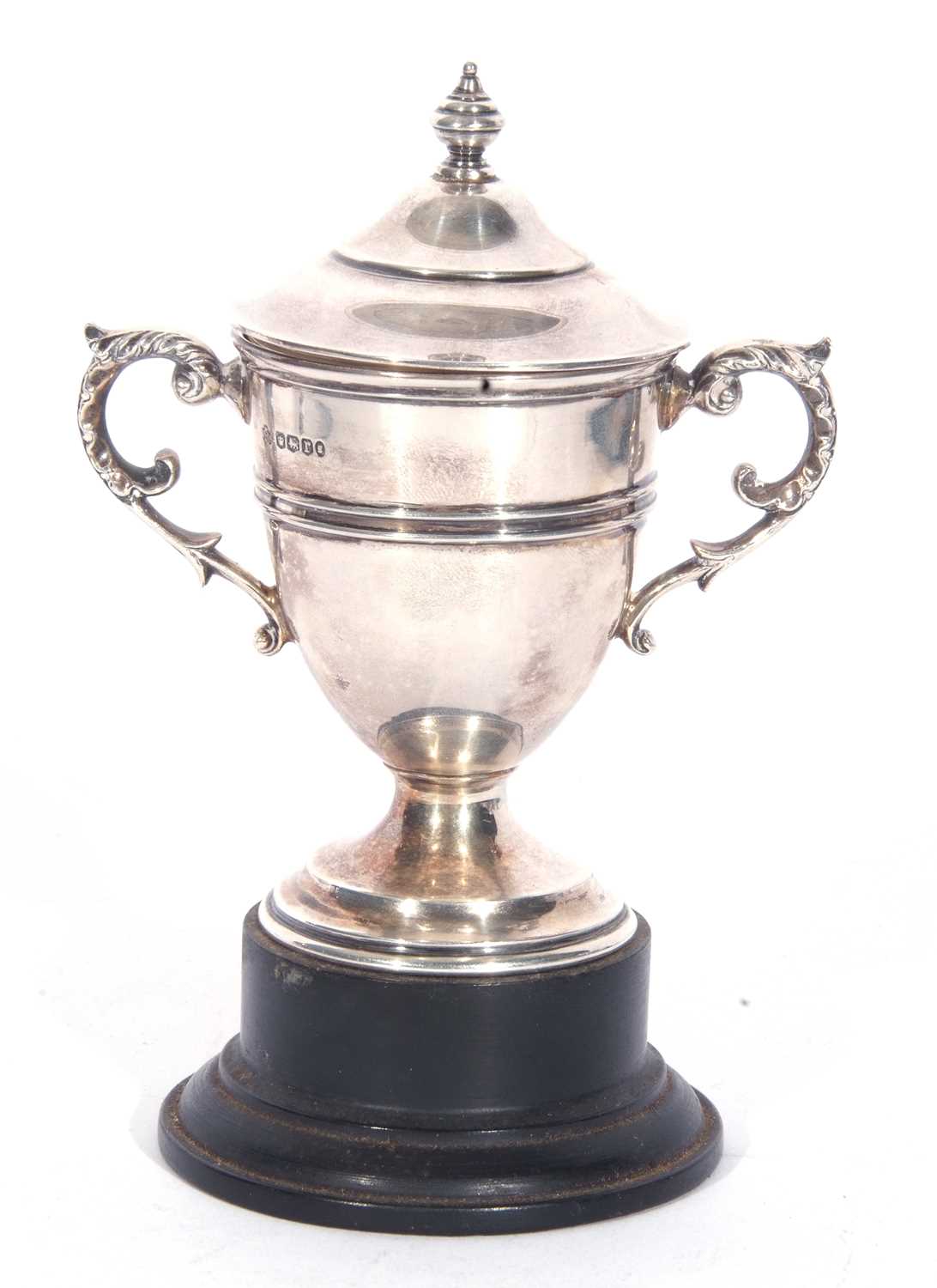 George V silver small trophy cup and lid with reeded mid-section and border, twin scroll capped leaf - Image 2 of 4