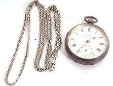 Last quarter of 19th century silver pocket watch with white metal chain, hallmarked Chester, by Kays