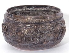 Eastern white metal bowl, late 19th/early 20th century, of circular form with embossed panel