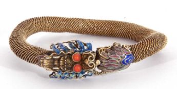 Vintage meshwork bracelet with a dragon detail clasp, the head and tail highlighted with coloured