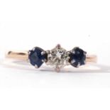 Diamond and sapphire three stone ring centring a round brilliant cut diamond, 0.25ct approx, multi-