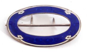 Hallmarked silver and enamel oval buckle, the royal blue guilloche enamel highlighted with white