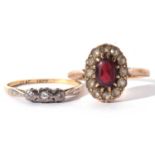 Antique three stone small diamond ring, stamped 18ct and Plat, size L, together with a 9ct gold