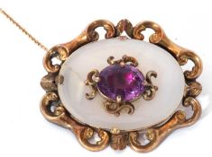 Victorian amethyst chalcedony oval brooch centring an oval faceted amethyst, 15 x 10mm, applied to