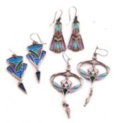 Three pairs of modern 925 stamped and enamelled pendant earrings in the Arts & Crafts style (3)