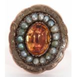 Antique citrine and seed pearl ring, the oval faceted citrine within a small seed pearl surround