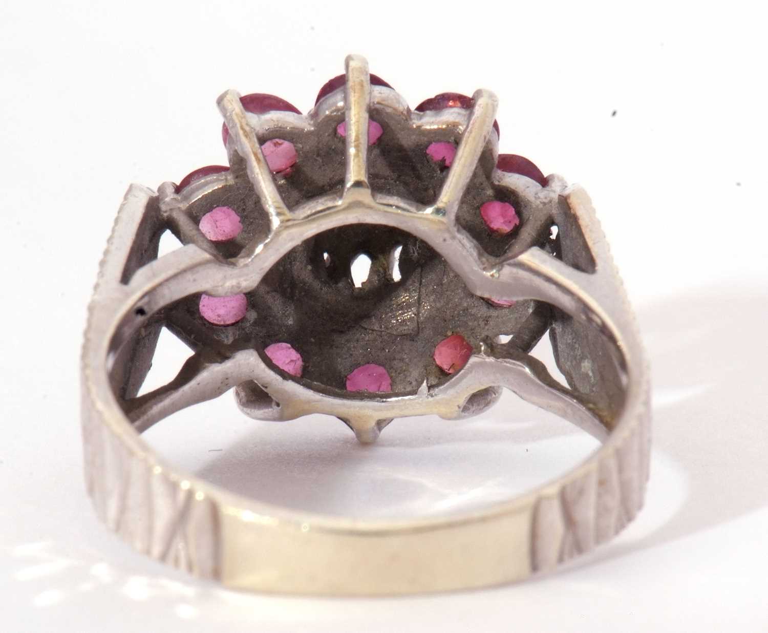 9ct white gold ruby and diamond cluster ring, the centre with a small diamond in illusion setting, - Image 3 of 8