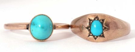 Two yellow and turquoise rings, one bezel set, the other in a star engraved setting, 4gms g/w (2)