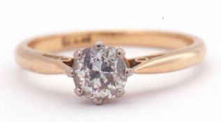 Single stone diamond ring, a round brilliant cut diamond, 0.50ct approx, multi-claw set and raised