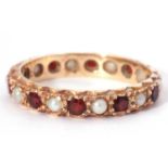 9ct gold seed pearl and garnet full eternity ring, alternate set with small seed pearls and round