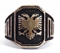 White metal and black enamel double eagle head ring, stamped 925, size S