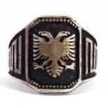 White metal and black enamel double eagle head ring, stamped 925, size S