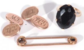 Pair of 9ct gold rose gold cuff links with oval panels, engraved with initials, having chain