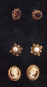 Three pairs of modern earrings, cameo, garnet, seed pearl set (3)