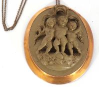 Victorian oval lava cameo brooch/pendant depicting three cherubs, in a 9ct marked plain mount, 55