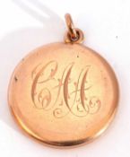 9ct stamped circular hinged locket, engraved with initials to the front, 28mm diam, g/w 9.2gms