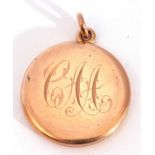 9ct stamped circular hinged locket, engraved with initials to the front, 28mm diam, g/w 9.2gms