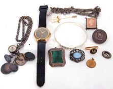 Mixed Lot: a 925 torc bracelet, a malachite brooch (a/f), a gent's wrist watch, silver curb link