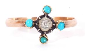Vintage crystal and turquoise set ring, the centre stone between four cardinal bezel set small