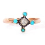 Vintage crystal and turquoise set ring, the centre stone between four cardinal bezel set small