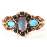 9ct gold moonstone, turquoise and sapphire ring, centring an oval moonstone raised between six small