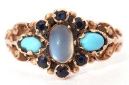 9ct gold moonstone, turquoise and sapphire ring, centring an oval moonstone raised between six small