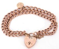 Antique 9ct rose gold double curb link bracelet, heart padlock fitting, suspending a 9ct gold St