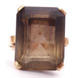 9ct gold smoky quartz ring, claw set with a large rectangular step cut smoky quartz, 18 x 10mm,