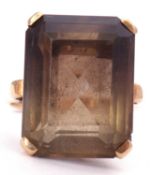 9ct gold smoky quartz ring, claw set with a large rectangular step cut smoky quartz, 18 x 10mm,