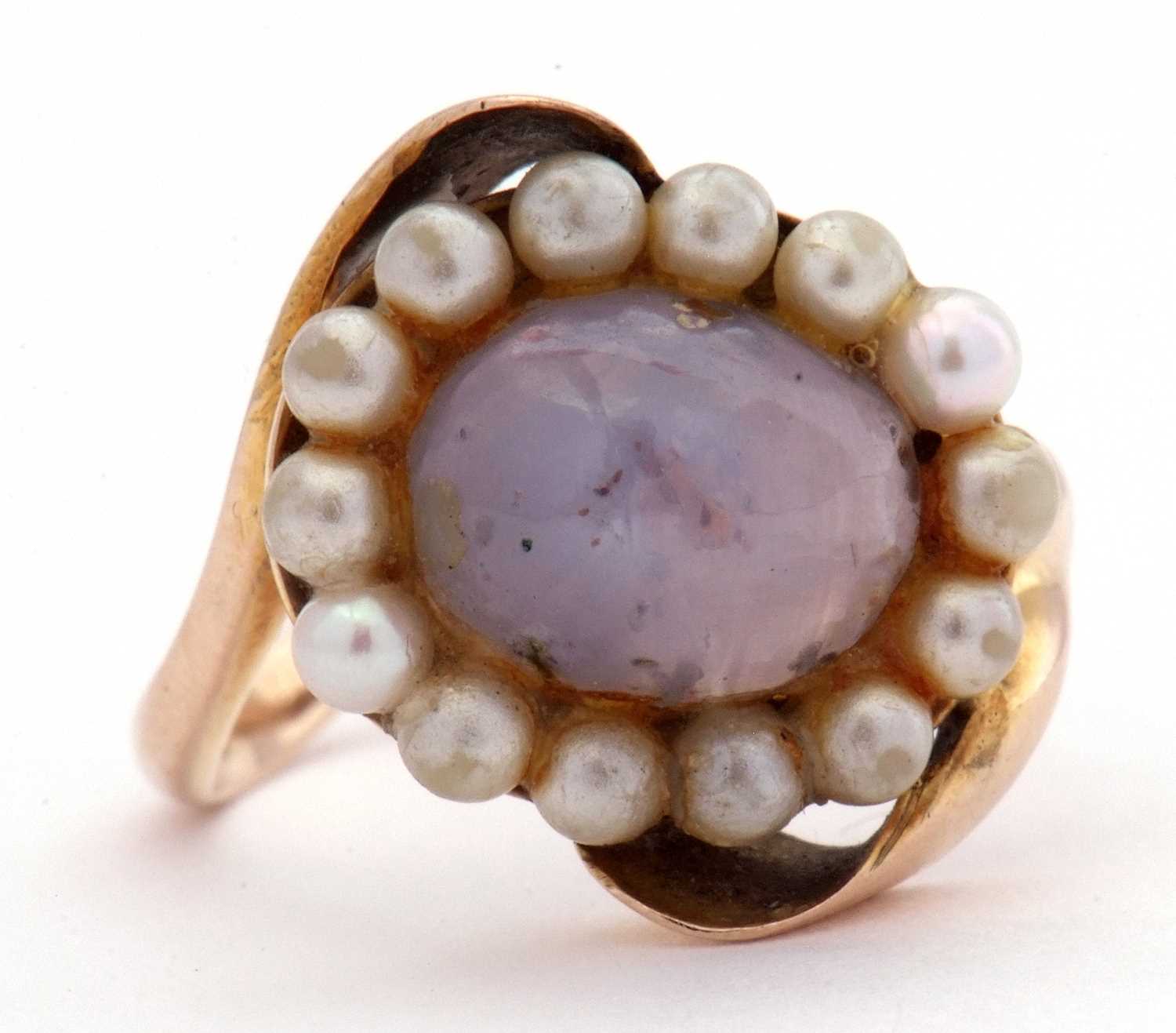 Modern moonstone and seed pearl ring, the cabochon moonstone within a seed pearl surround, between - Image 3 of 9