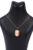 Modern cameo pendant depicting a classical lady in a 750 stamped frame, suspended from a gold plated