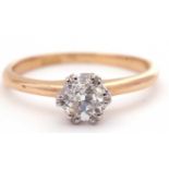 Single stone diamond ring featuring a round old cut diamond, 0.65ct approx, multi-claw set and