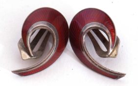 Pair of vintage Norwegian enamel earrings, stylised with red guilloche enamel design, marked 925 S
