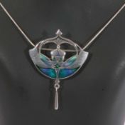Modern 925 enamel Arts & Crafts style open work pendant suspended from a 925 chain, 45 x 40mm